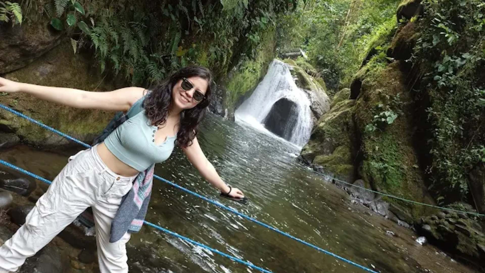Waterfall with tourist